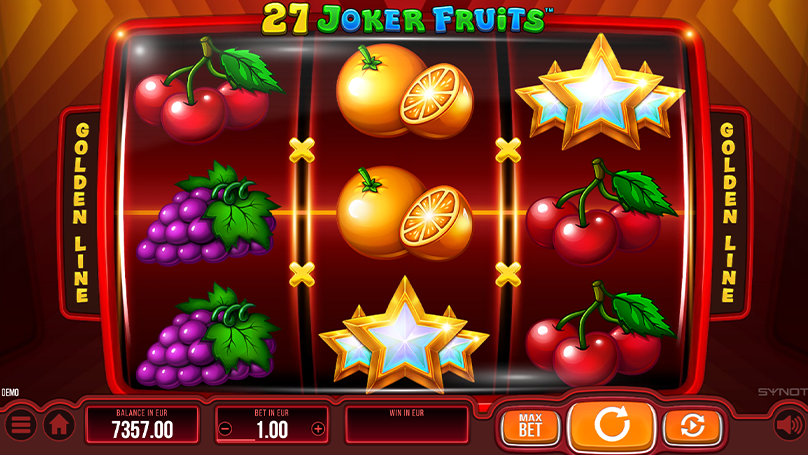 A base game spin of 27 Joker Fruits, showing a golden line across the middle row on the reels.