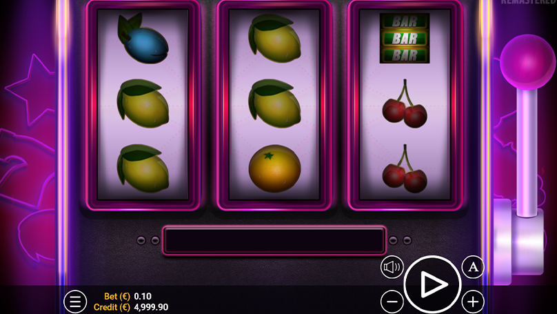 Base game of 27 Hot Lines Deluxe slot by ZeusPlay showing fruit symbols like cherries, lemons, and blueberries on a 3x3 grid.