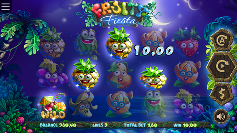 Fruity Fiesta wild symbol, a golden umbrella drink icon, substitutes for fruit characters on the reels to form a winning payline combination.
