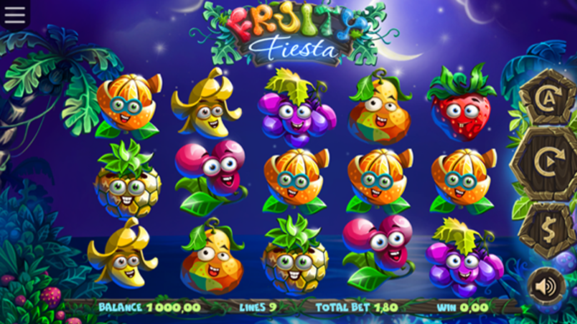 Fruity Fiesta slot featuring 5 reels, 9 paylines, and colorful fruit character symbols on a glowing jungle background.