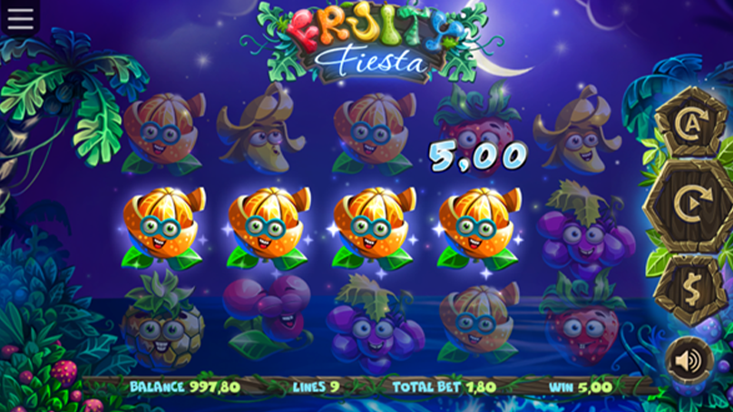 Fruity Fiesta winning spin with multiple orange character symbols on the reels, displaying a 5.00-win payout at 1.80 total bet.