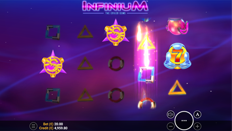 Infinium slot with a purple space background, scattered gems, and a vertical pink glow highlighting a column.
