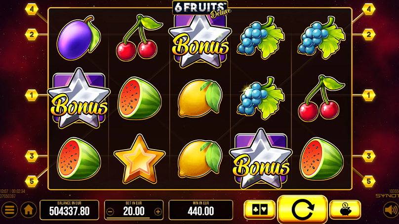 6 Fruits Deluxe slot interface featuring neon grapes, cherries, and silver bonus stars with a 440.00 win display.