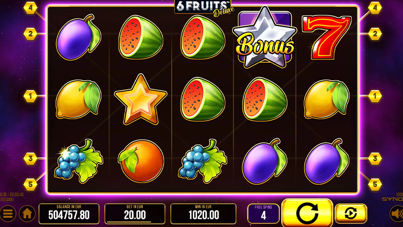 6 Fruits Deluxe free spins feature showing silver bonus star, fruit symbols, and a 1,020.00 payout.