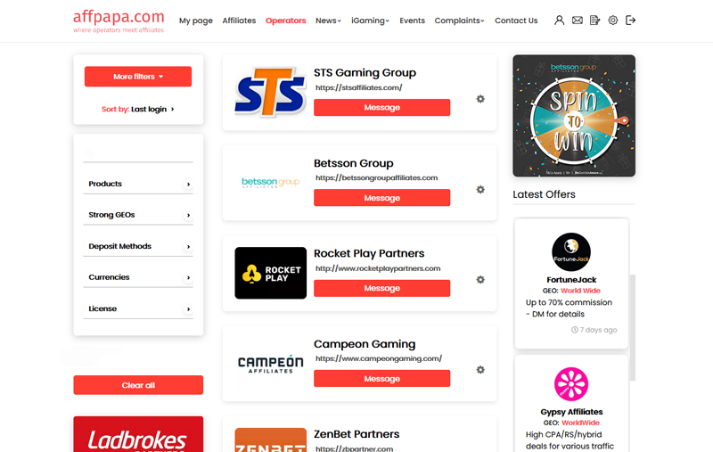 AffPapa iGaming operators page