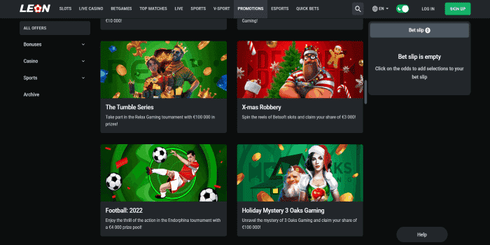 Screenshot of Leon Casino Christmas promotions