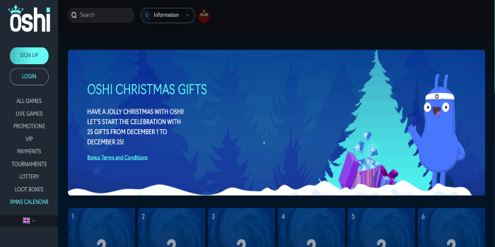 Screenshot of Oshi casino's Christmas promotions 