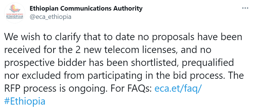 El regulador de Etiopía niegan las afirmaciones de que Safaricom haya sido elegido para la licencia Telecom