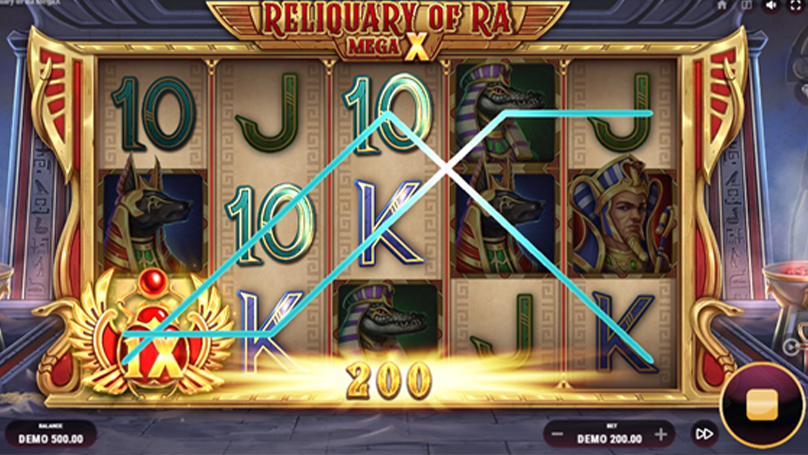 A 200 payout on Reliquary of Ra Mega X, showing a combination of symbols with a glowing effect, marking a winning combination.