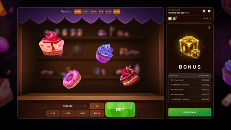Ninja Crash gameplay showing bouncing candy sweets with active multiplier results at the top, bet controls, and Freezing Bonus panel.