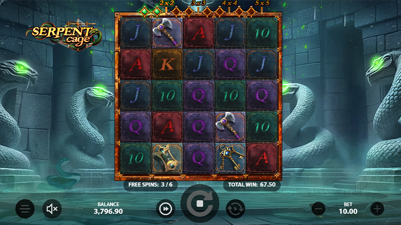 Serpent Cage slot screen features 5x5 reels, scatter and bonus symbols, €10 total bet, and a €67.50 win.