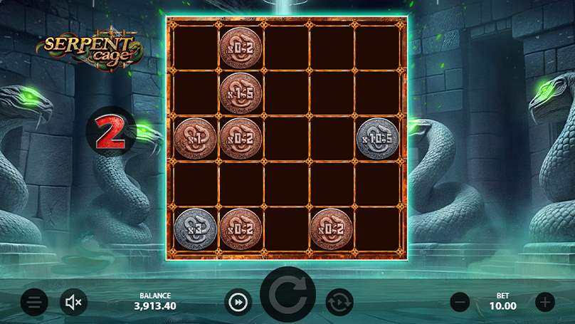 Serpent Cage screen shows the Hold ‘N’ Win bonus feature activated.
