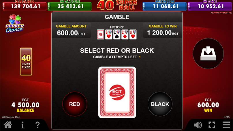 In 40 Super Roll slot, the upper part of the Gamble screen displays the gamble amount, history, and potential win, along with the remaining attempts above the red face-down card.