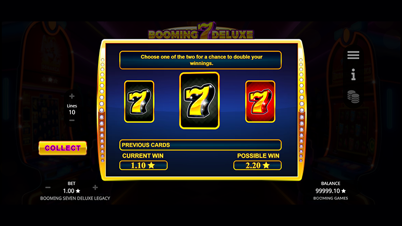 Booming 7 Deluxe Legacy in-game gamble feature interface displaying three cards with instructions to select one of two cards to double the current win amount.