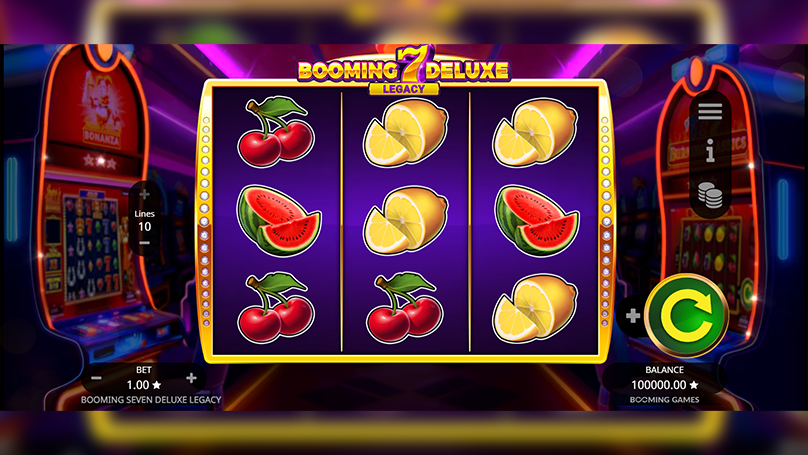 Booming 7 Deluxe Legacy slot gameplay screen showing reels filled with fruit symbols including cherries, lemons, and watermelons along with betting controls and balance display.