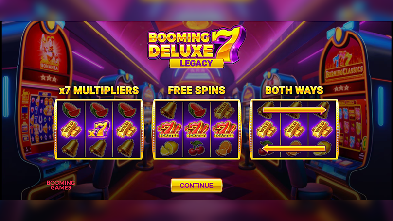 Game intro screen showing neon-lit slot machines in the background with visuals of multipliers, free spins, and both ways pay features for Booming 7 Deluxe Legacy.