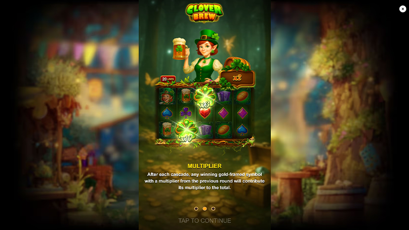 A screen capture of the Clover Brew slot game displaying the multiplier feature after a cascade. 