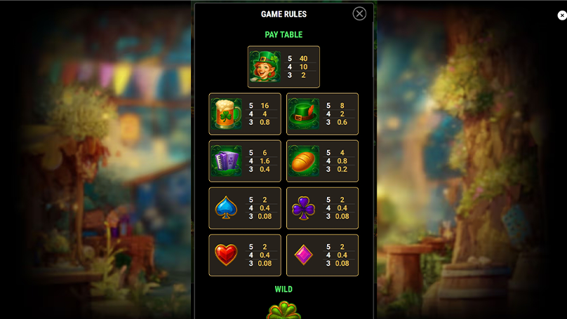 Main screen of the Clover Brew slot game with a Leprechaun character and a winning spin showing Wilds and Scatters. 