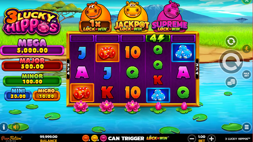 3 Lucky Hippos slot gameplay screen showing the three hippos on top of the reels, and the bright savannah backdrop.
