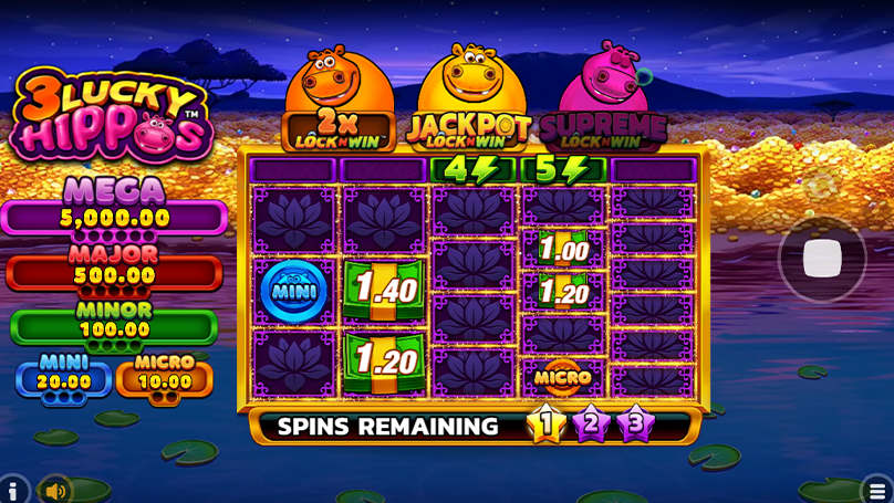 3 Lucky Hippos slot screen showing jackpot options with Micro, Mini, Minor, Major, and Mega prizes available.