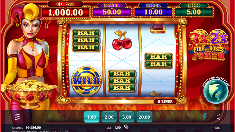 Screenshot of 3x 2x Fire and Roses Joker base game showing 3x3 reels, red and gold aesthetics, and classic slot symbols. 