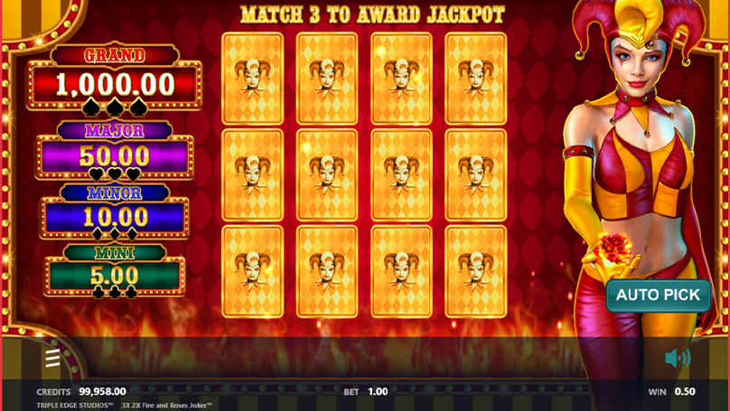 Screenshot of 3x 2x Fire and Roses Joker jackpot pick bonus round showing face-down cards and four possible jackpots.