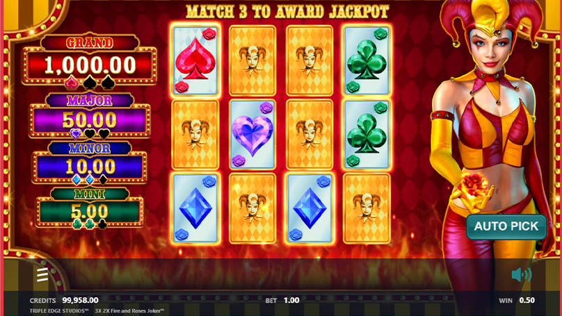 Screenshot of 3x 2x Fire and Roses Joker jackpot pick bonus round showing some cards uncovered and four possible jackpots. 