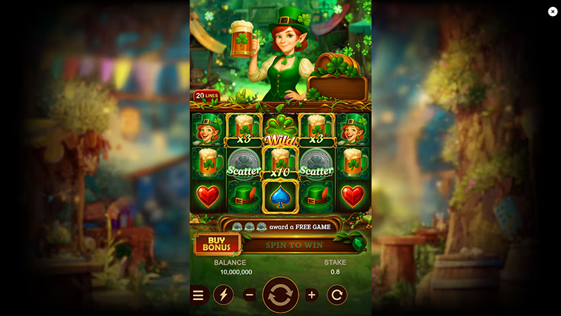 Breakdown of Clover Brew slot game features: Buy Bonus, Tumble, Gold Framed Symbols, Multiplier, and Free Game Rules. 