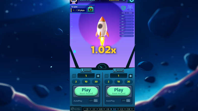 Animated mobile game screen showing a rocket launch with a 1.02x multiplier and options to bet on the next round.