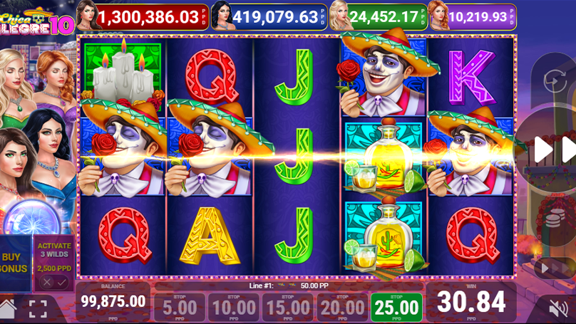 A Buy Bonus trigger in Chica Alegre 10 showing active paylines, festive themed symbols, displayed win amount, and interactive game controls.