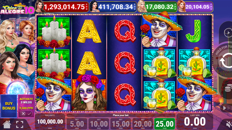 The main gameplay interface of Chica Alegre 10 featuring colorful reels, jackpot meter displays, and Buy Bonus button for activating wilds.