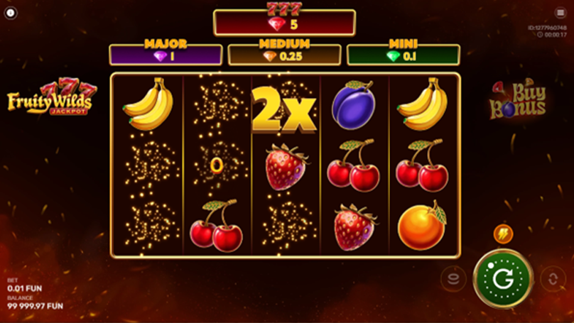 Fruity Wilds slot with a large golden “2x” multiplier in the center, sparkling cascade removals on several reels, and fruit symbols around it.