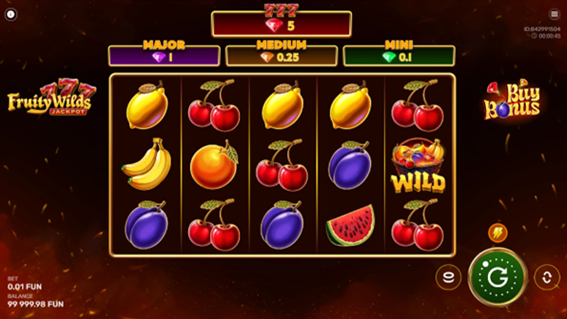 Fruity Wilds slot screen with 5x3 reels showing classic fruit symbols, a basket Wild, and jackpot meters for Mini, Medium, and Major prizes.