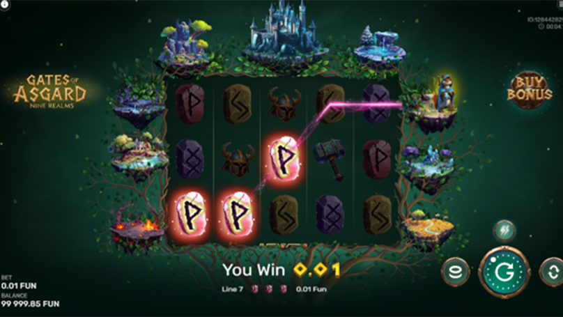 The slot showing a winning combination of matching symbols across the reels, highlighted by a bright pink line and a hammer symbol.