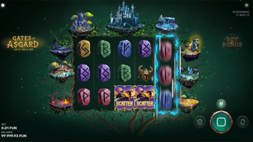 Gates of Asgard: Nine Realms slot game showing reels with runes and the scatter symbols triggering a feature. 