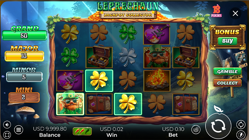 Leprechaun Jackpot Collector slot reels displaying Leprechaun and golden clover symbols, win notification, and options for bet, balance, and gamble/collect buttons.