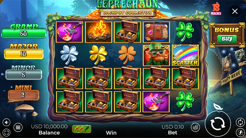 Leprechaun Jackpot Collector slot machine interface showing reels filled with clover and treasure chest symbols, jackpot values for Grand, Major, Minor, and Mini, and a Buy Bonus button.