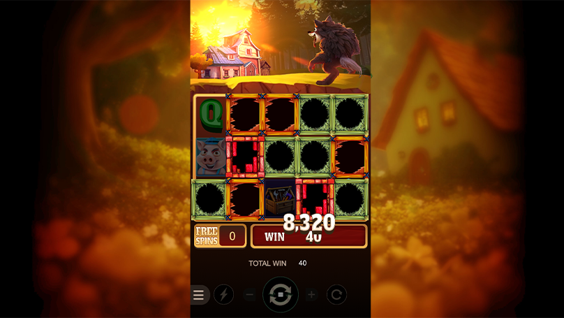 Three Brave Piggies bonus game showing colorful frames on reels with an 8,320 coin win and a wolf above.