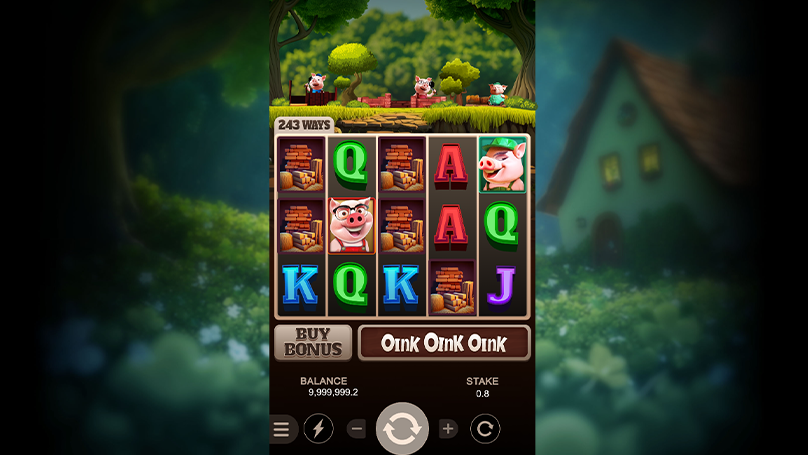 Three Brave Piggies slot game interface showing 5x3 reels with pig symbols, wooden frames, and card symbols in a cartoon forest setting.