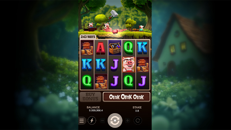 Three Brave Piggies bonus game with a hammer and wooden frames on 5x3 reels.
