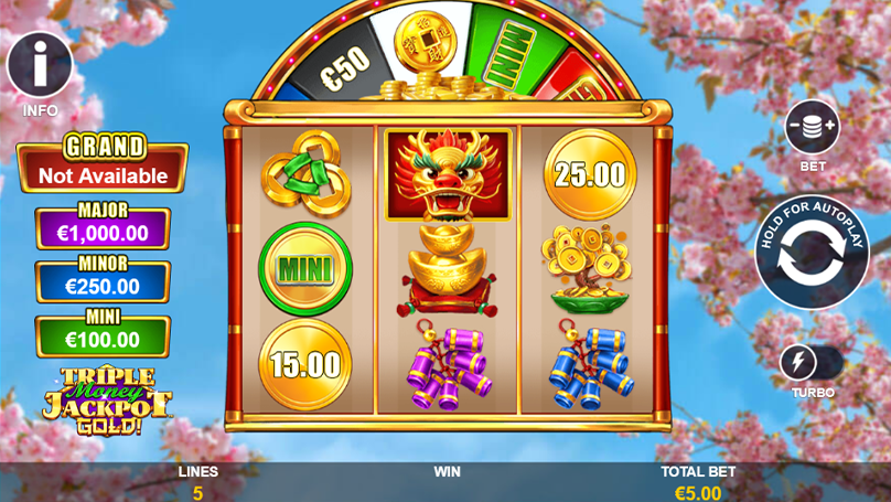 Screenshot of Triple Money Jackpot Gold slot featuring 3x3 reels with golden dragon, coins, and firecracker symbols, jackpot tiers, and cherry blossom background.