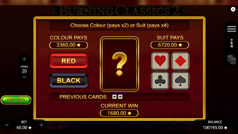 The gamble feature in Burning Classics 2 lets you risk your winnings on a simple red-or-black card pick for the chance to double up.