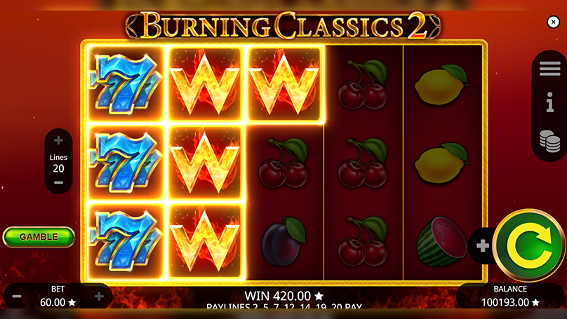 Burning Classics 2 slot reels with fruit symbols, sevens, and animated flames in the background