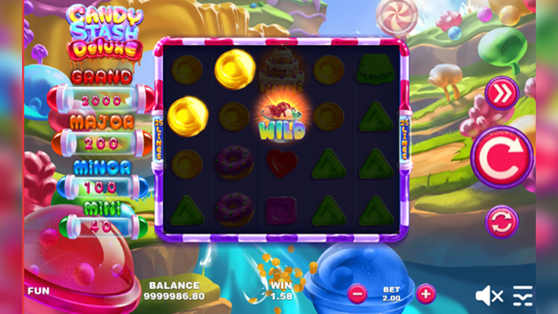Candy Stash Deluxe slot showing a glowing “WILD” ice-cream symbol in the center reel and colorful candy icons around it.