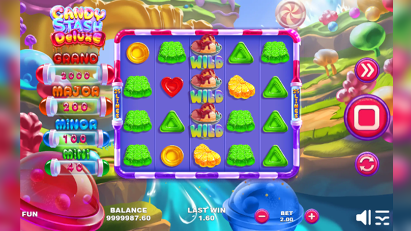 Candy Stash Deluxe slot base game screen showing a bright candy world with a 5x3 reel grid and “25 LINES” markers. 