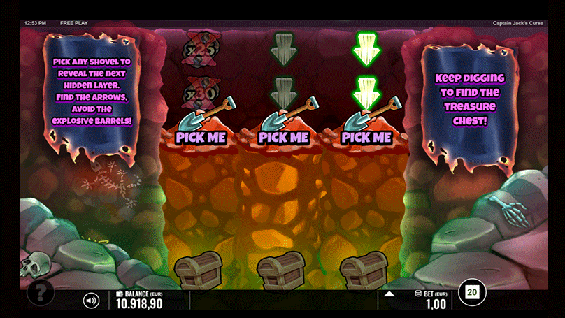 A screenshot of the Prize Digger minigame with 6 levels for digging and treasure chests at the bottom.