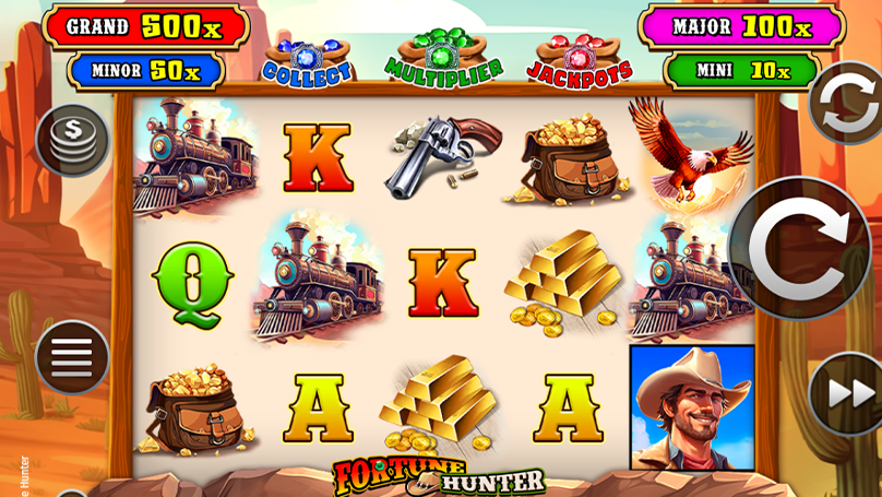 The Fortune Hunter grid contains various symbols, while jackpot values and gem sacs top the reels. 