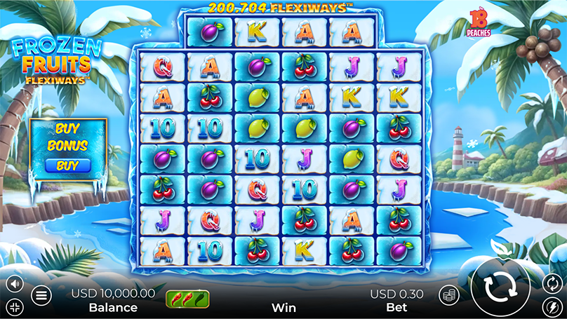 Frozen Fruits FlexiWays™ game screen with icy fruit symbols and betting interface.