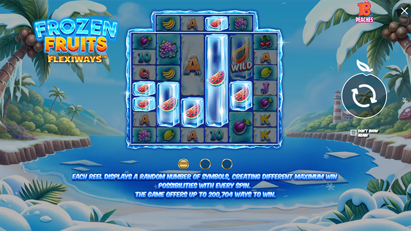 Frozen Fruits FlexiWays™ intro screen with icy reel layout and feature highlights.