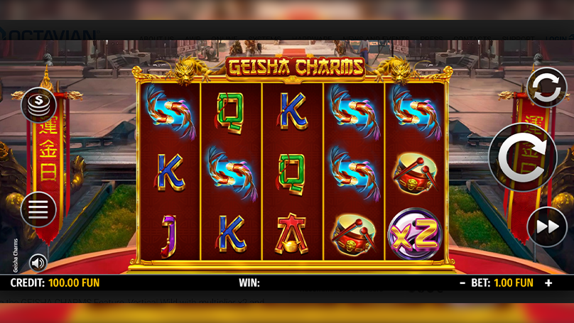 Base game of Geisha Charms by Octavian Gaming with a 5x3 grid, Japanese-themed inspired symbols